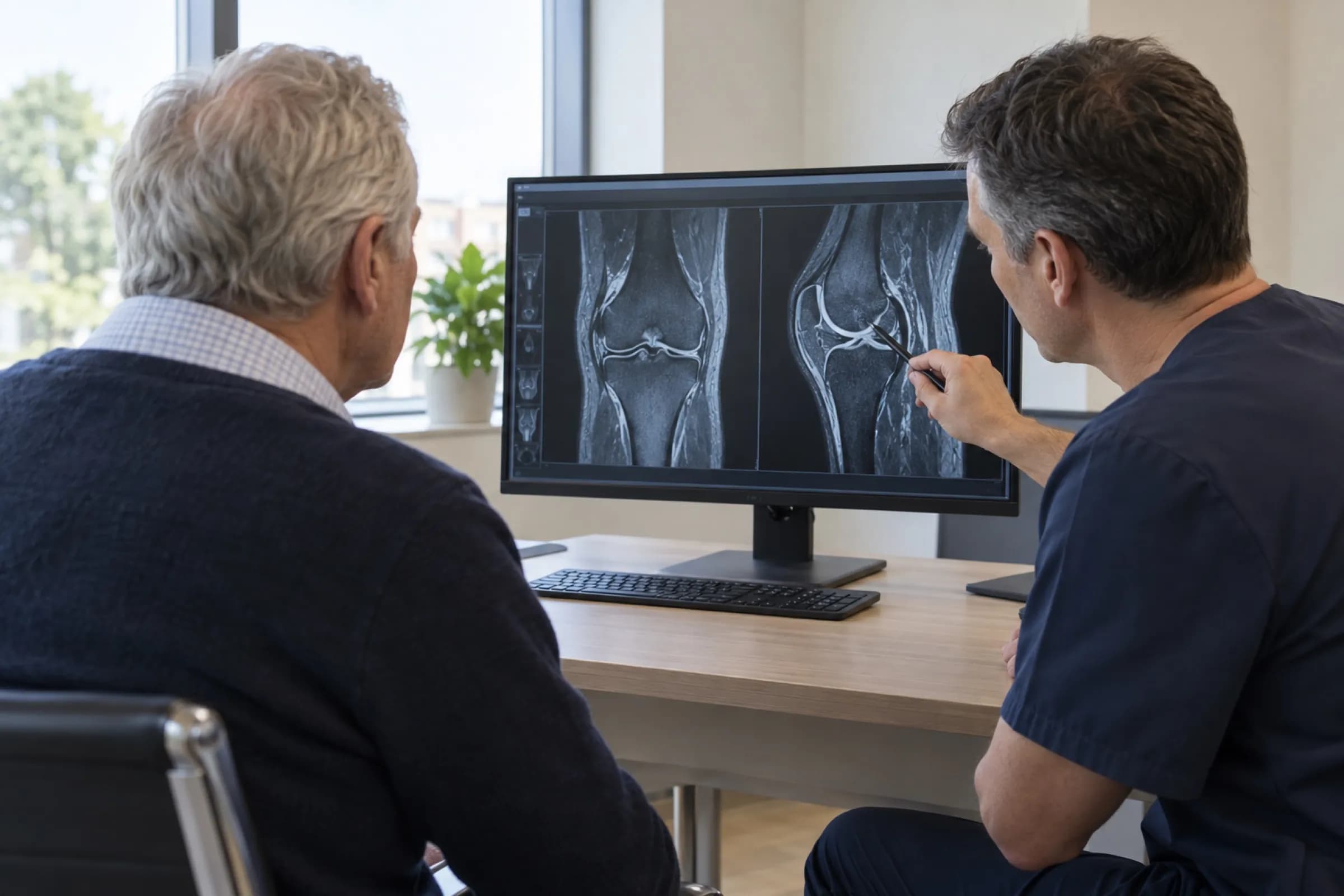 Illustration of a clinician reviewing knee imaging